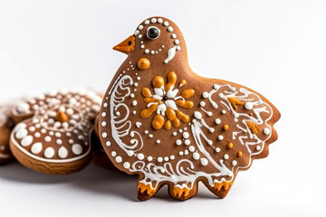 Beautiful Easter gingerbread with icing in shape of chick on a white background, Easter cookies