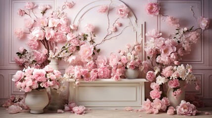 Whimsical spread of blooming peonies, nature’s delicate pattern