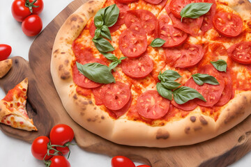 pizza with salami and tomatoes, AI generated.