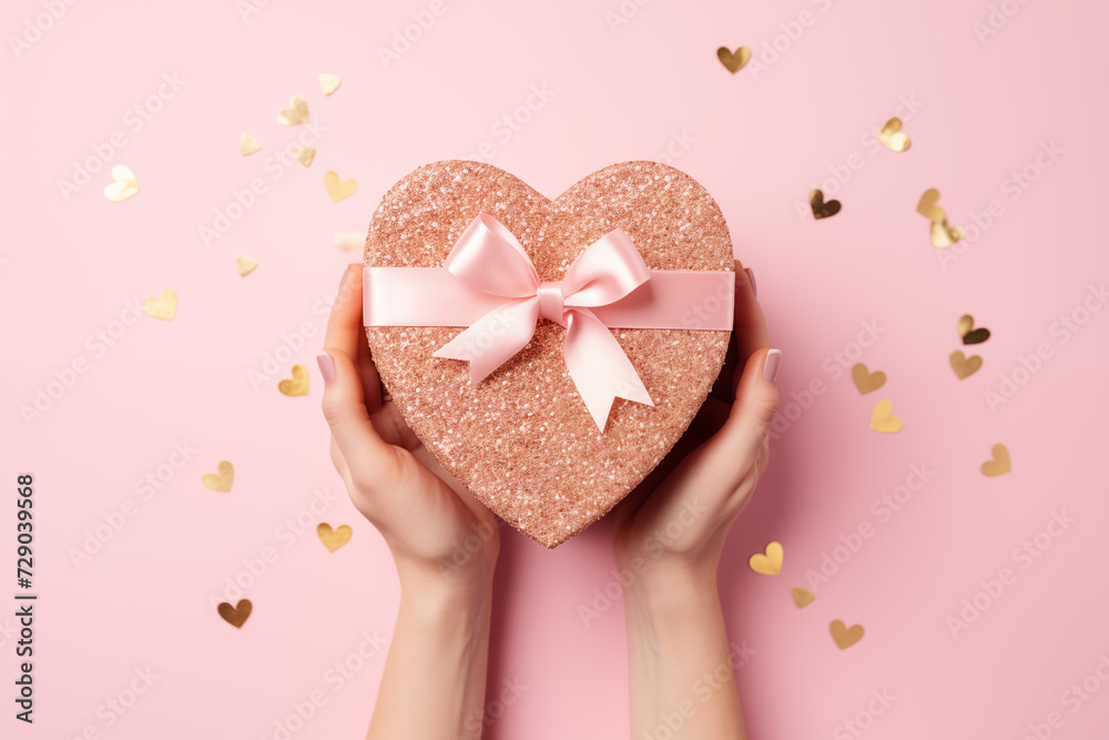 Wall mural top view of a female hands holding a gift box with confetti on pink background. flat lay composition