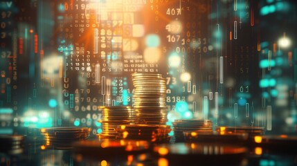 Stacks of coins with digital data overlay, financial growth, investment strategies,digitalization of finance, investment platforms, digital finance and cryptocurrency