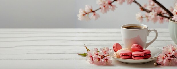 Spring banner. Hot drink and cakes on a holiday setting adorned with pink cherry flowers, copy space