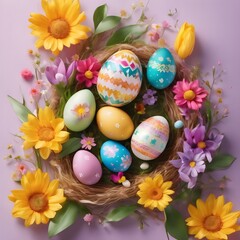 Happy easter paper banner with easter eggs and flowers transparent isolated