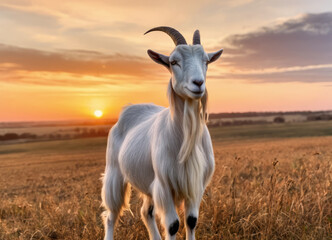 Naklejka na ściany i meble A goat stands in a field at sunset, during the golden hour.
