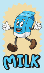 Milk box mascot, smiling, in a good mood, cheerful blue color.
