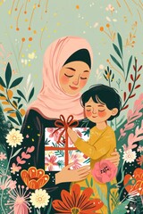Vibrantly colored poster capturing the happiness of a mother and her child.