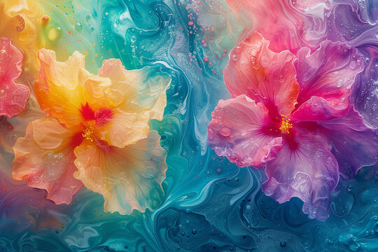 Generative AI Image of Colorful Watercolor Flowers Painting on Fluid Liquid Water Background