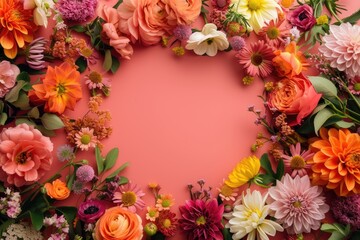 Fototapeta premium Floral composition on a coral color background, space for text, concept of Valentine Day, Mother Day, Women Day, wedding day