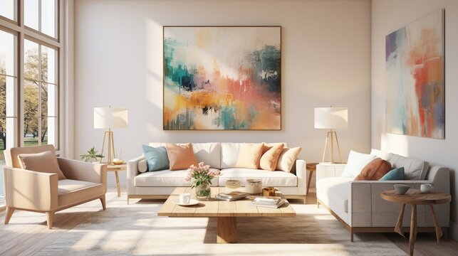 Contemporary living room with chic decor, captured in watercolor with warm, natural lighting