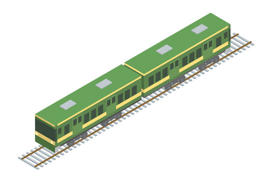 アイソメトリック等角投影法シンプルな2両編成の鉄道とレールのイラスト　白背景