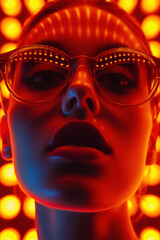 A woman's face illuminated by a soft amber light, framed by stylish glasses, creates an artistic and captivating image © Cheport