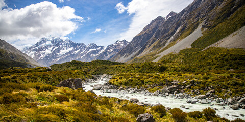 panorama of famous hooker valley trail from mount cook village to hooker lake, scenic hike in...