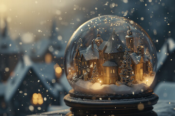 Fototapeta na wymiar A spherical winter wonderland encapsulated in a snow globe, showcasing a cozy house and trees surrounded by glistening snow, with a tranquil outdoor scene reflected within