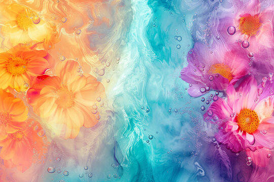 Generative AI Image of Watercolor Daisy Flowers Painting on Fluid Liquid Texture Background