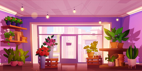 Flower shop interior design. Vector cartoon illustration of floral store with large glass window, open sign on door, blooming plants with green leaves in pots, paper bags on shelf, cityscape view