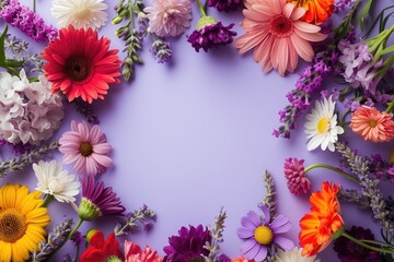 Floral composition on a soft purple background, space for text, concept of Valentine Day, Mother Day, Women Day, wedding day