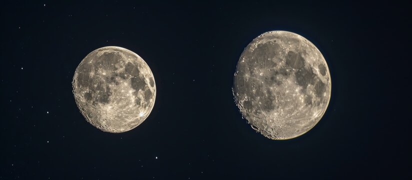 Nighttime sky captured with a telephoto lens to reveal craters near the southern pole, alongside a 2/3 moon to the right.