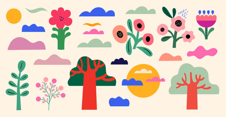 Vector modern flower collection. Flowers, trees and clouds