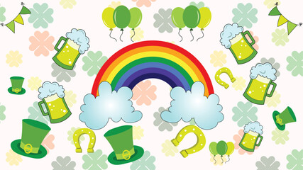 St. Patrick's Day background, shamrock, beer glasses, hats, balloons, and Irish icons, ornaments and texture flat art design