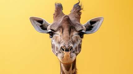 A curious giraffe gazing into the camera, set against a clean light yellow background