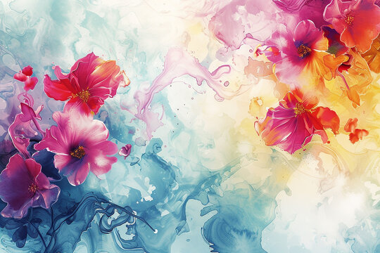 Generative AI Image of Watercolor Floral Painting with Fluid Liquid Texture Background