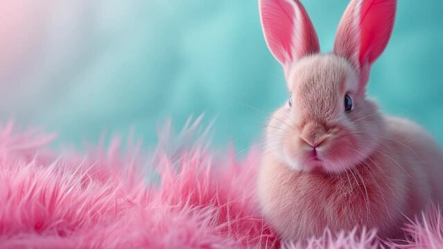 Cute Easter Bunny Video, blue eyed bunny nestled among pink flowers with a soft, glowing background, a close up of an egg in some feathers, Easter day animation, Ai generated