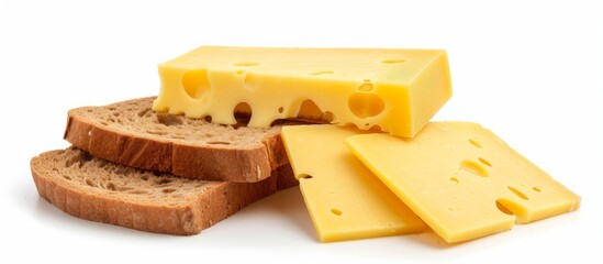 Isolated shot of yellow French cheese bar and sliced, served on rye bread, white background.