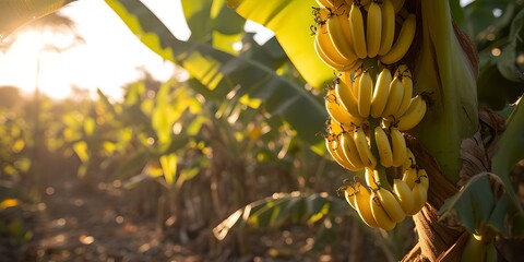 Ripe bananas hanging on a tree at sunset. golden hour in a tropical plantation. fresh, organic produce concept. agriculture and farming themed image. AI - obrazy, fototapety, plakaty