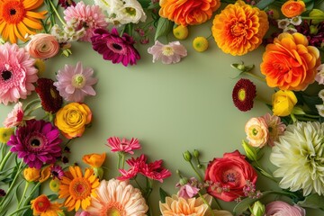 Floral composition on a green background, space for text, concept of Valentine Day, Mother Day, Women Day, wedding day