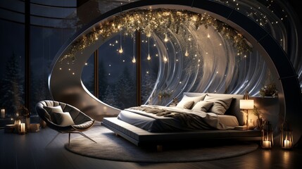 Dreamy night-themed sleeping area within a moon's silvery curve