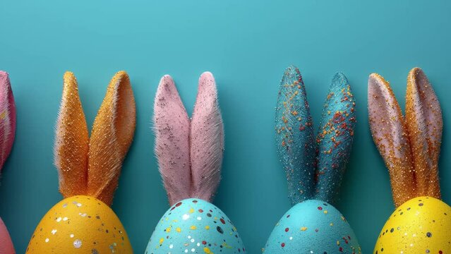 Easter bunny Video, Cute Easter Bunny Video of easter day eggs on a blue background, Video about Happy Easter greeting background with Easter eggs. Colorful easter eggs background, Ai generated