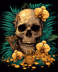 Skull, flowers and chest with gold coins. Vivid illustration. Design for fashion t-shirt