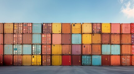 Colorful Stack of Shipping Containers Against a Blue Sky, Suitable for Logistics and Global Trade