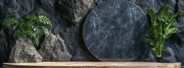 Circular Marble Podium with Tropical Plants Background.