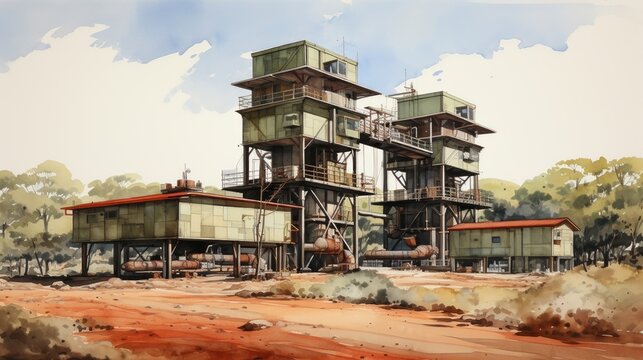 Oil extraction machines standing tall, depicted in a naturalistic watercolor scene, with soft lighting