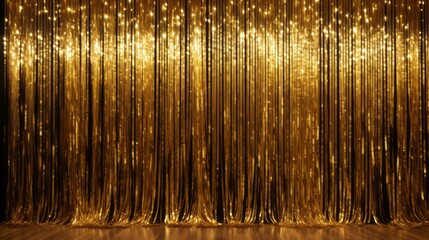 Glitter golden curtains reveal show grand opening stage, curtain decorative backdrop with gold curtain, Fringe for Wedding Decoration, Birthday Party, Christmas Decoration, New Year's Eve - obrazy, fototapety, plakaty