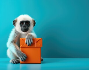 A white monkey holding an orange gift box. Generative AI.