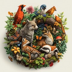 Create illustrations that show different types of wildlife living together or interacting in interesting ways.