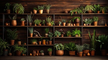 Warm wooden textured wall, a small indoor garden on shelving, in a homely atmosphere