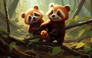 Playful Exploration Red Panda Cubs in a Bamboo Grove