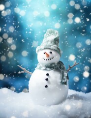 Obraz premium A snowman with a hat and scarf on a blue background. Generative AI.