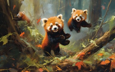 Playful Forest Tumbling of Red Panda Cubs