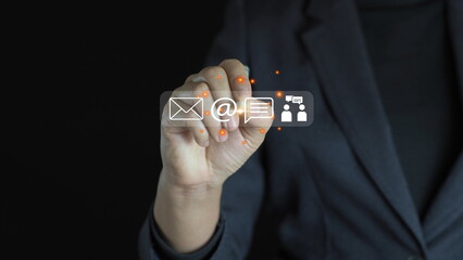 Businessman sending email by smartphone to customer, business contact and communication, email icon, email marketing concept, send e-mail or newsletter, online working internet network.
