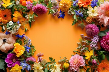 Floral composition on a orange background, space for text, concept of Valentine Day, Mother Day, Women Day, wedding day