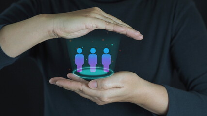 HRM or Human Resource Management, businessman show manager icon which is among staff icons for human development recruitment leadership and customer target group concept. Manager, research, target.