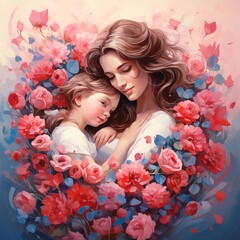 Illustration of a mother hugs her daughter's hare adorned with red and blue rose flowers. Valentine's Day as a day symbol of affection and love.