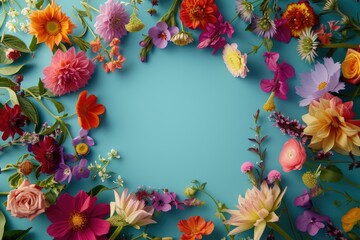 Floral composition on a turquoise background, space for text, concept of Valentine Day, Mother Day, Women Day, wedding day