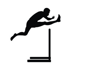 Male cross-legged runner. Runner crossing obstacles, male silhouette. Vector. Isolated male runner.
