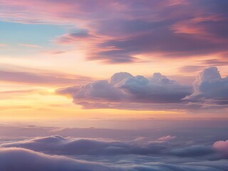 Un paisaje de ensueño de nubes de tonos pastel, que se mezclan suavemente con el horizonte a medida que el sol se pone detrás de ellas - obrazy, fototapety, plakaty