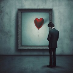 A sad man in a suit standing in front of a picture frame with a Red Balloon. Valentine's Day as a day symbol of affection and love.